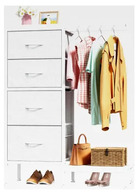 Produktbild von 111 cm hohe Kommode mit 4 Stoffschubladen, kleiner Kommodenschrank mit Kleiderstange, weiße Kommode für Schlafzimmer, Wohnzimmer und Flur