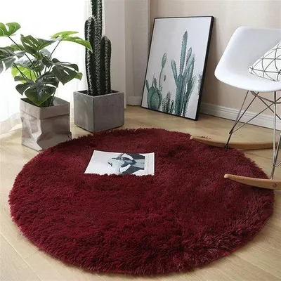 Imagen del producto de Alfombra de felpa redonda Unyqoos®, 60x60 cm, color burdeos: suave y esponjosa (poliéster de felpa con capa de espuma), base antideslizante, ideal para el dormitorio