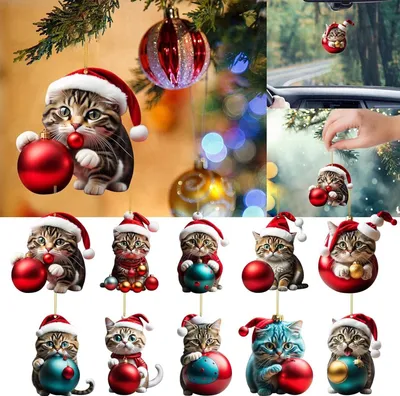 Produktbild von Weihnachtsbaum Katzen Anhänger 2D Acryl Weihnachtskatze Hängende Deko Lustiger Weihnachten Katzen Ornament Spaß Weihnachtsanhänger Deko Christbaumschmuck Weihnachtsschmuck Geschenk (10PC, OneSize)