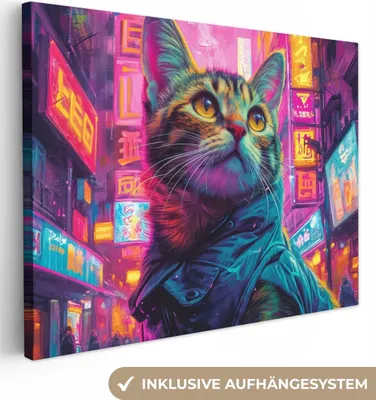 Produktbild von MuchoWow® - Leinwandbilder - Katze - Pop-Art - China - Neon - Stadt, Wandbild, Wanddeko Bilder Wohnzimmer, 120x90cm