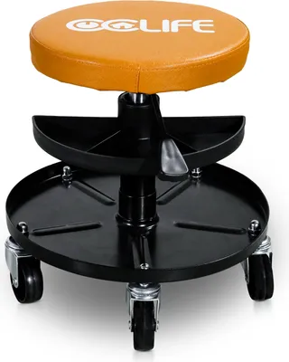 Produktbild von CCLIFE Werkstatthocker Mit Rollen Höhenverstellbar Werkstattstuhl Werkstatt Rollhocker 380-500 mm 2 Ablagen 150kg Orange
