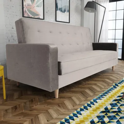 Produktbild von Schlafsofa im skandinavisches Stil Bamako Polstersofa mit Holzbeine Sofa mit Schlaffunktion Bettkasten Couch aus Velour, Farbe: Beige, Paros 02