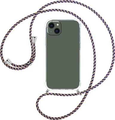 Produktbild von Handykette Backcover-Schutzhülle mit Band (Metall silberfarben) für Apple iPhone 15 Plus - blau+beige