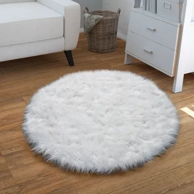 Produktbild von TT Home Wohnzimmer Hochflor Teppich Kunst-Fell Design Versch. Formen Unifarben, In Weiß Größe 120 cm Rund