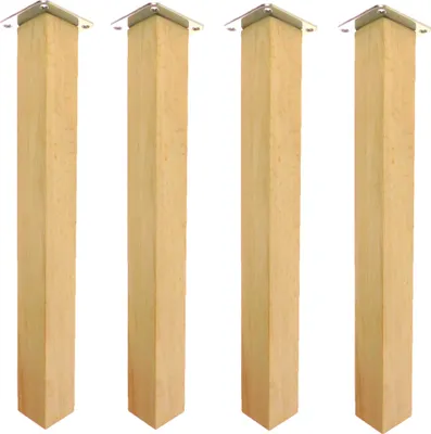Four wooden table legs with metal corner brackets are arranged in a row against a white background.