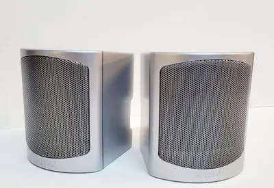 Two silver speakers are placed side-by-side on a white surface against a white background.