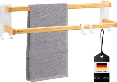 Obrázek produktu pro věšák na ručníky eluno se 2 držáky na ručníky a 6 háčky - samolepicí věšák na ručníky, vyrobený z bílého kovu a bambusu