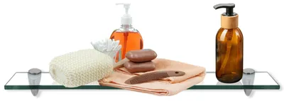 Zdjęcie produktu dla Półka ścienna do łazienki ISOISL, szklana, 60x10 cm, przezroczyste szkło, montowana na ścianie, wykonana z bezpiecznego szkła ESG