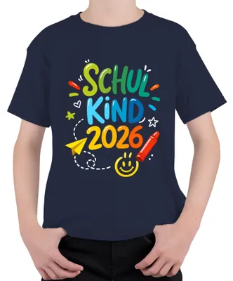 Productafbeelding van Schoolkind 2026, start van de basisschool, eerste schooldag, schooltas, meisjes, kinder T-shirt, marineblauw, maat 140