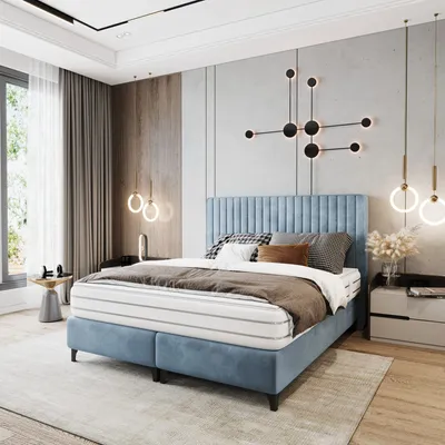 Produktbild von Boxspringbett VIENAPLUS mit Taschenfederkernmatratze Doppelbett Polsterbett Modern Schlafzimmerbett mit schwarzen Beinen Schlafzimmer  (Acept 50, 140x200)
