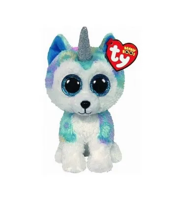 A plush toy unicorn husky with a Ty tag.