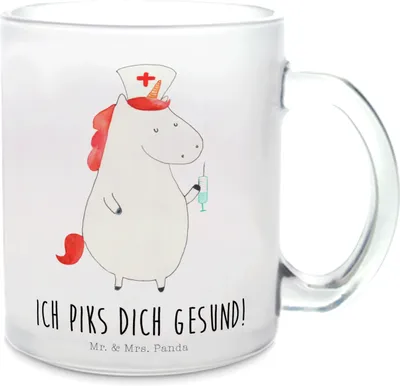 Produktbild von Mr. & Mrs. Panda Haferl Einhorn Krankenschwester - Transparent - Geschenk, Krankenpflegerin, Teetasse, Unicorn, Krankenpfleger, Ärztin, Tee Tasse, Pott, aus Glas, Häferl