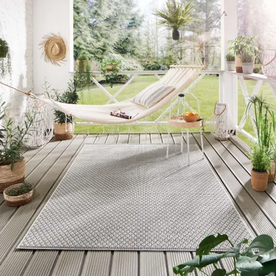 Produktbild von Steffensmeier Indoor Outdoor Teppich Norrland Garten Flur Balkon, wasserfest, strapazierfähig und pflegeleicht, Karo Beige Grau, Größe: 160x230 cm