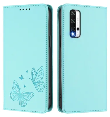 Produktbild von Lederhülle für Honor 20/Honor 20 Pro, Schmetterling Prägung Leder Brieftasche Schutzhülle mit Ständer Türkis