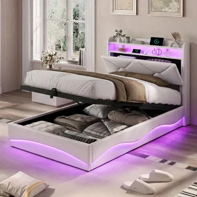 Produktbild von UnboxG Polsterbett 90x200 cm Beige mit LED & Stauraum, Samt Einzelbett mit Hydraulischem Bettkasten, USB/Type-C, Bett mit Kopfteil