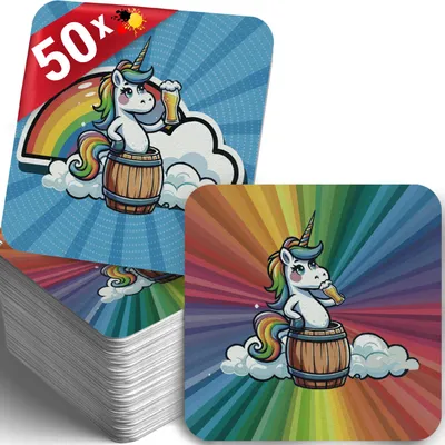 Produktbild von 50 Bierdeckel Einhorn, bunt quadratisch, Geburtstag Party Regenbogen