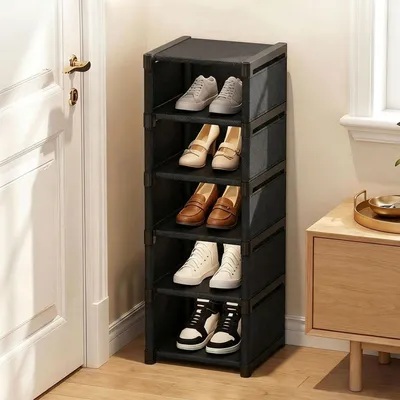 Image de Étagère à chaussures, 6 niveaux, étroite, noire, en métal, empilable, gain de place, dimensions : 27 x 26 x 90 cm