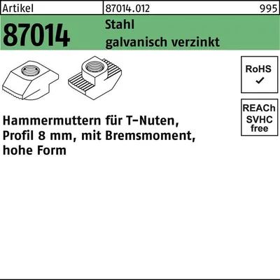 Produktbild von Hammerkopfmutter R 87014 m.Bremsmoment hoch 8mm M 6 Stahl galvanisch verzinkt