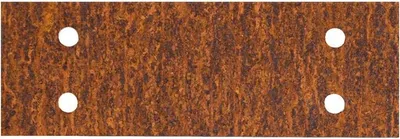 A rectangular piece of material with a textured, rust-like appearance and four circular holes punched through it.