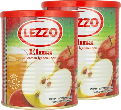 Two cans of Lezzo instant drink powder with apple flavor are shown side-by-side.