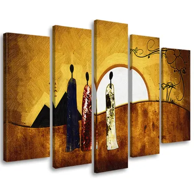 Produktbild von 5-teiliges leinwandbild afrika frauen landschaft 100x70 cm Feeby braun wandbild bereit zum aufhängen