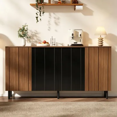 Produktbild von Küchenbuffet 160 cm breit, Sideboard mit vier Türen in Nussbaumoptik und schwarzen Akzenten aus Spanplatte für Küche und Esszimmer