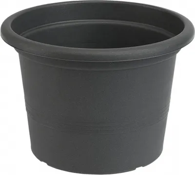 A dark gray plastic plant pot is shown against a white background.