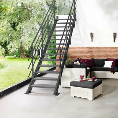 Produktbild von Außentreppe Intercon Hollywood anthrazit | mit 8 Stufen von 147-199 cm | 80 cm WPC-anthrazit | beidseitiges Geländer | Stiege