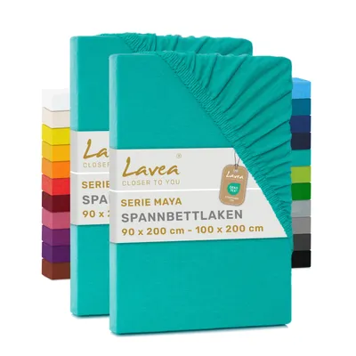 Produktbild von Lavea® 2er Pack Jersey Spannbettlaken 90/100x200 cm, 100% Baumwolle – Weiches Bettlaken für Matratzen bis 20 cm Höhe – Türkis
