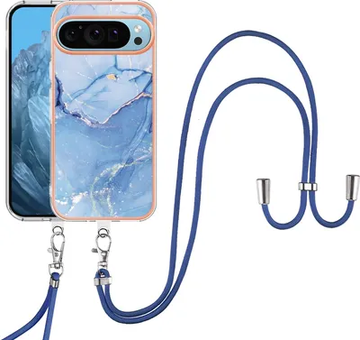 Image de Étui avec sangle pour Google Pixel 9, bumper TPU à motifs, étui de protection avec sangle réglable Bleu clair