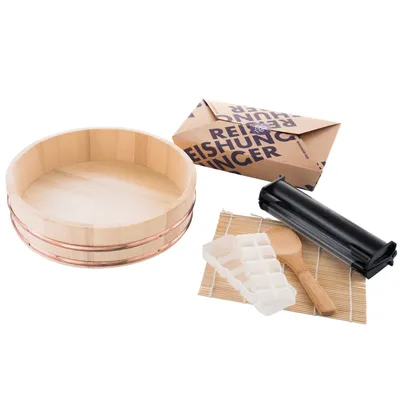 Produktbild von Reishunger Sushi Equipment Box XXL (4-teilig) - Sushi Maker Set mit Hangiri Schüssel