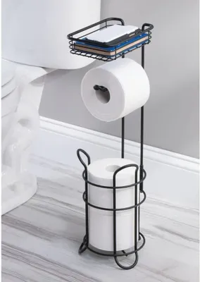 Produktbild von Toilettenpapierhalter aus Metall, elegantes Design mit Ablagefläche, praktischer Stauraum für das Badezimmer, matt-schwarz, funktional und stilvoll.