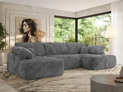 Produktbild von MKS MEBLE U-förmige Eckcouch, Wellenfeder, Ecksofa mit Schlaffunktion, Bettkasten und lose Kissen, 370x187x100cm - CUBO U - Dunkelgrau Cord