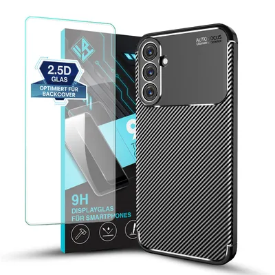 Produktbild von Handy Hülle für Samsung Galaxy A16 / A16 5G mit 9H Displayglas Displayschutz Carbon Look Cover Case Schutzhülle Farbe: Schwarz