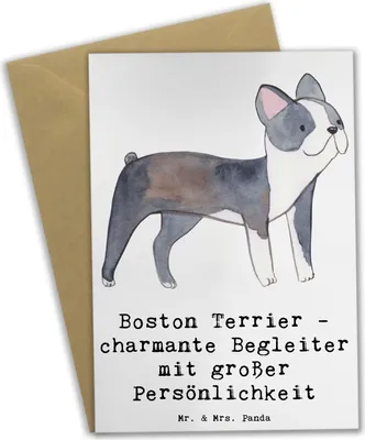 Produktbild von Mr. & Mrs. Panda Glückwunschkarte Boston Terrier Begleiter - Weiß - Geschenk, Hunderassen, einladungskarten, Hunderasse, treue Freunde, hypoallergener Hund, Grußkarten