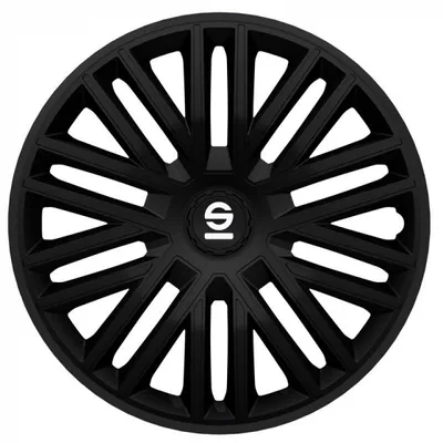 A black car wheel cover with a Sparco logo in the center.