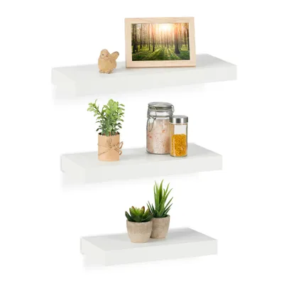 Produktbild von Relaxdays Wandregal, 3er Set, Regalbrett in 3 Größen, Dekoregal Wand, MDF, modernes Design, eckiges Schweberegal, weiß