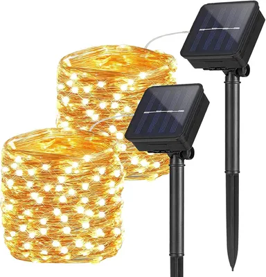 Imagen del producto de Guirnalda de luces de 10 metros - 2 unidades con 100 LEDs - Funciona con energía solar - Resistente al agua (IP65) - 8 modos de iluminación - Luz cálida - Ideal para Navidad