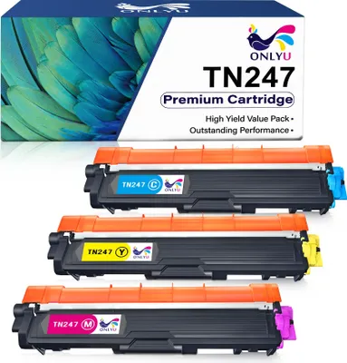 A product shot of four printer toner cartridges, with the packaging box in the background.