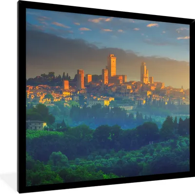 Produktbild von MuchoWow® Gerahmtes Poster Sonnenaufgang über San Gimignano in der Toskana, Italien 40x40 cm - Poster mit Schwarzem Bilderrahmen Wandposter Rahmen Foto Bilder - Mit Rahmen - Wanddekoration Schlafzimmer