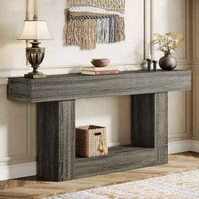 Immagine prodotto di Tavolino consolle da 160 cm, a due piani, in legno stile rustico, color grigio chiaro