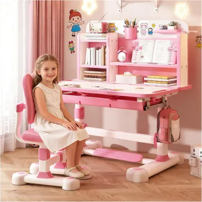 Image de Bureau et chaise pour enfants - Hauteur réglable - Ergonomique - Rose