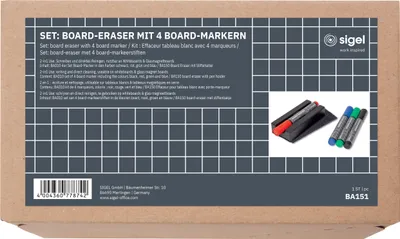 Produktbild von SIGEL BA151 Set: Board-Eraser mit 4 Board-Markern - magnetisch - 13 x 6 cm - entfernt schnell und trocken Tinte