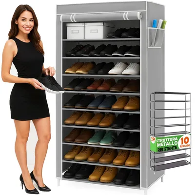 Schuhschrank, 10 Ablagen, 90x30x160 cm, bis 45 Paar, grau