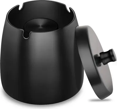 Produktbild von Edelstahl-Aschenbecher mit Deckel, robust, sturmsicher, rutschfester Boden, für drinnen und draußen, schwarz, für Zigarettenreste und Asche in Garten, Bar oder Büro