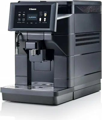 A black Saeco automatic espresso machine is shown against a white background.