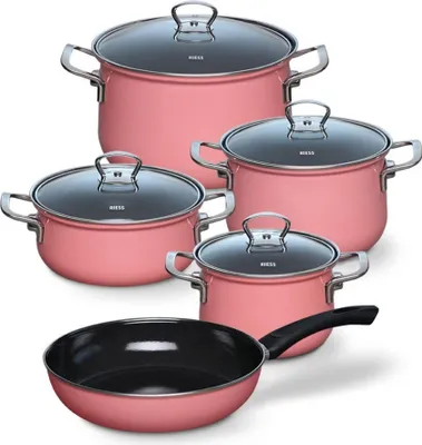 A set of pink cookware and a frying pan are displayed against a white background.