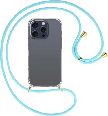 Produktbild von Handykette Backcover-Schutzhülle mit Band (Metall goldfarben) für iPhone 16 Pro - himmelblau