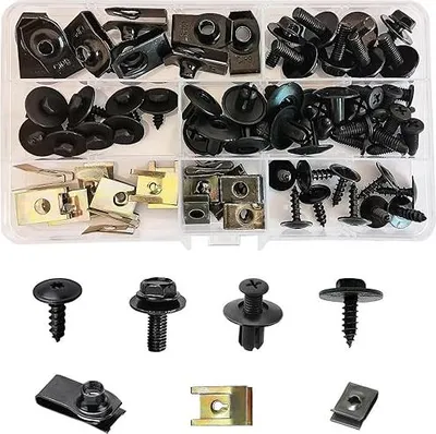 Produktbild von 64 Sätze Blechmutter Schraube Mutter Clip Kit,Auto Body Undertray Fender Schrauben, U Typ Befestigungsclips + Metall Muttern + Kunststoff Clips, Universal für Kotflügel ?