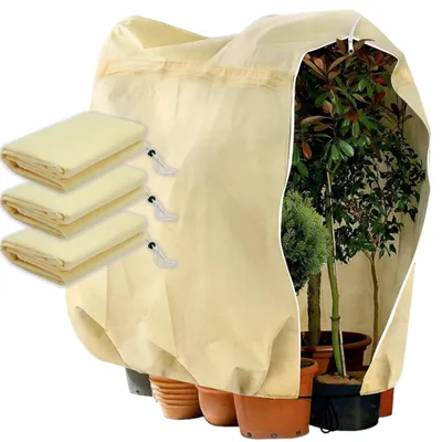 Produktbild von 3-teiliger Winterschutz für Pflanzen (120 x 180 cm), Frostschutzhülle für Pflanzen, Winterschutz für Topfpflanzen mit Reißverschluss und Kordelzug, Winterschutzvlies für Pflanzen im Garten
